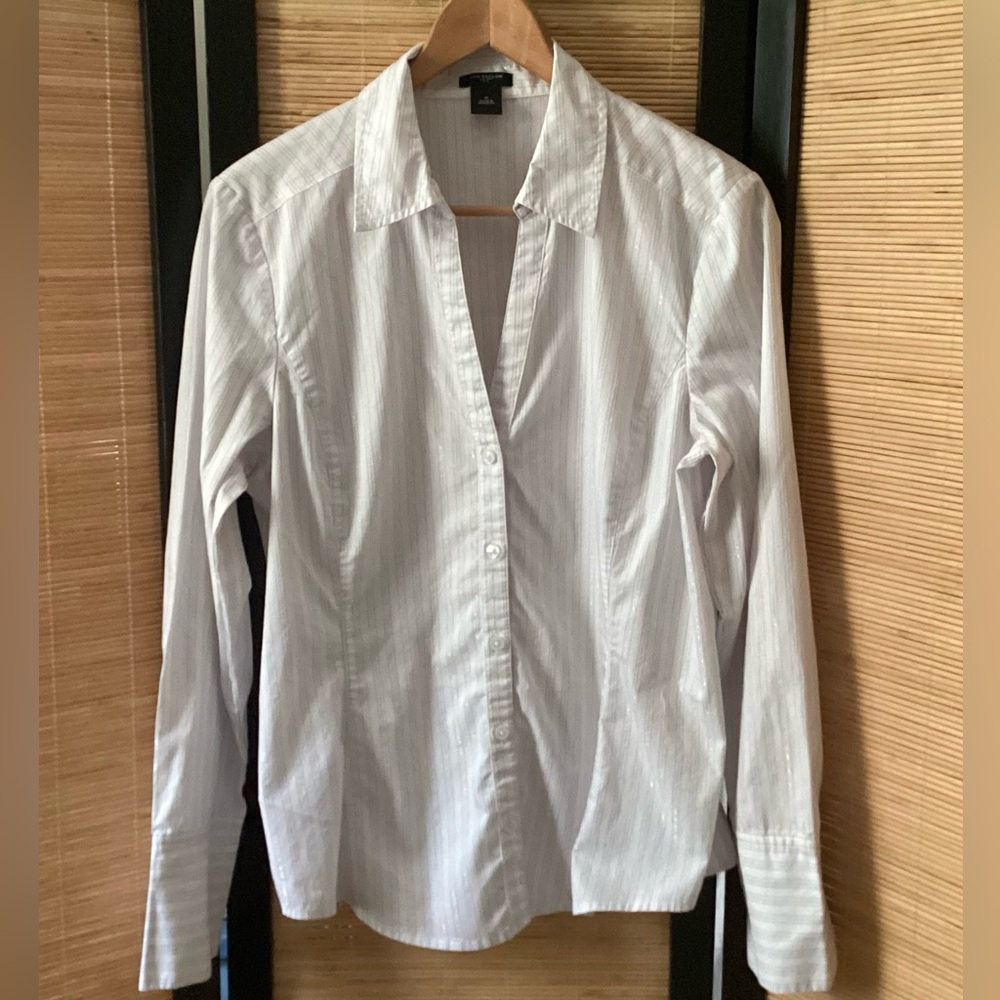 ANN TAYLOR Classic White Button-Up Shirt 14 Blouse metallic threading EUC - Picture 4 of 7